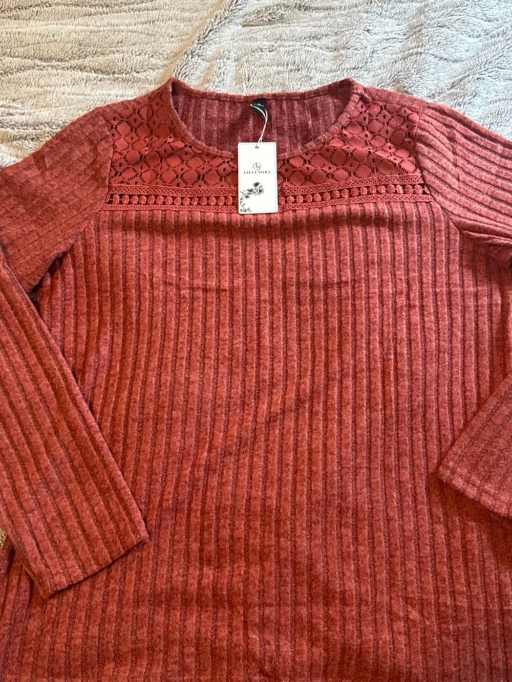 Women's Rust Ribbed Lace-Yoke Long Sleeve Top